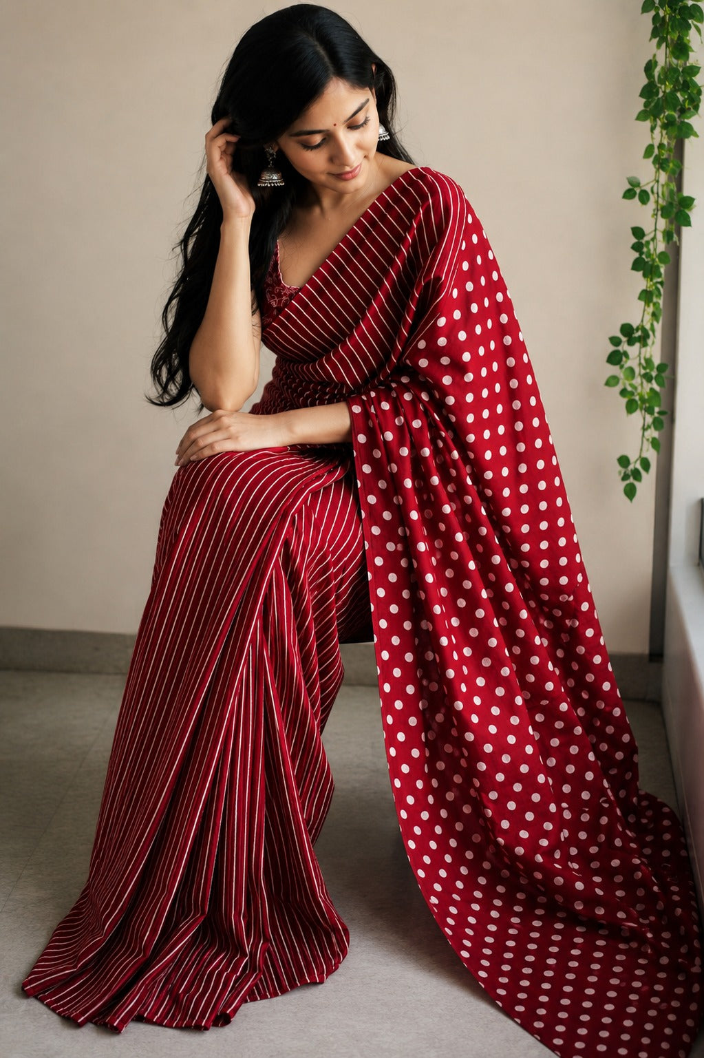 Crimson Dot & Stripe Cotton Saree