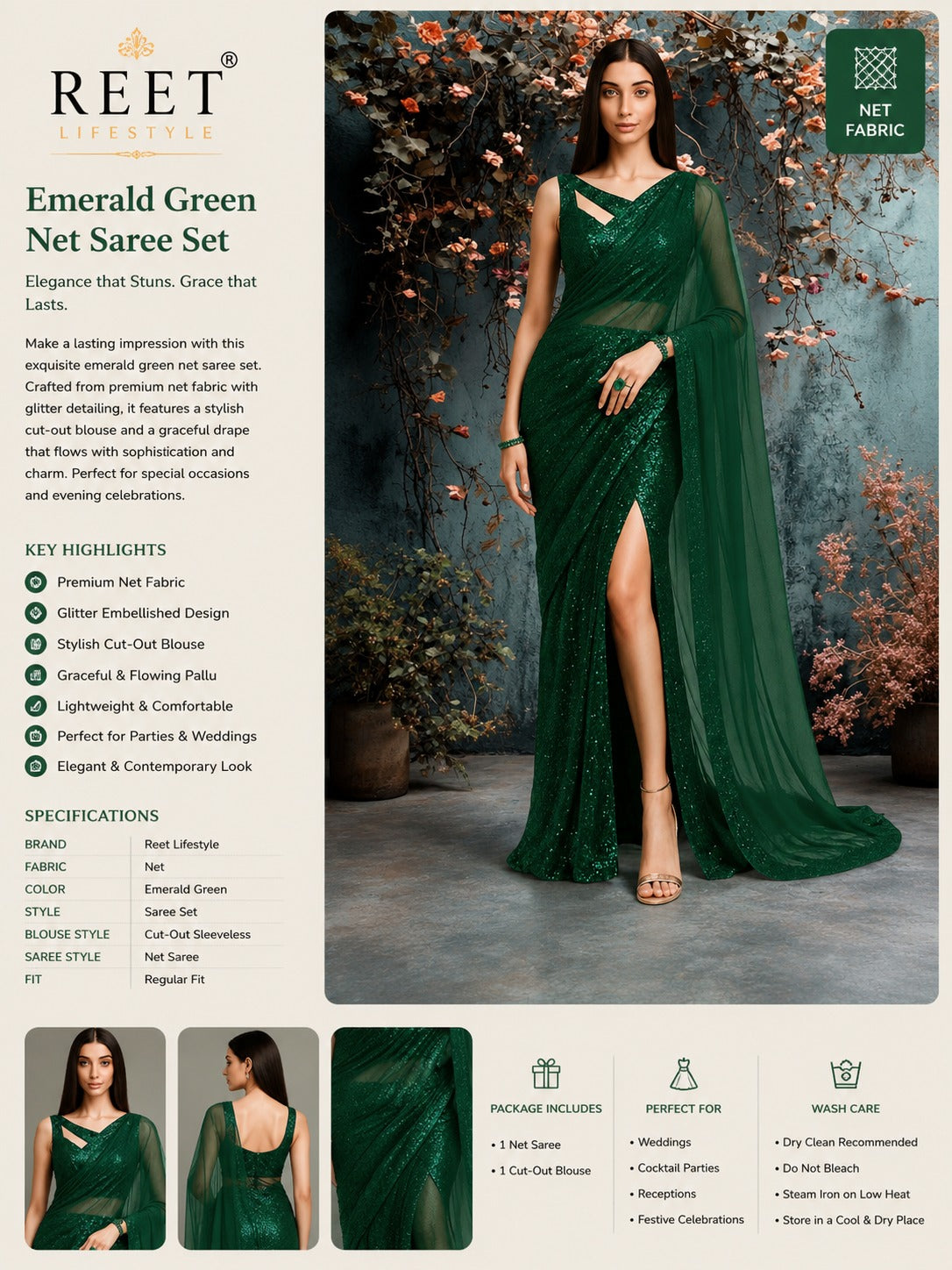 Emerald Green Sequin Net Pre-Draped Saree Set