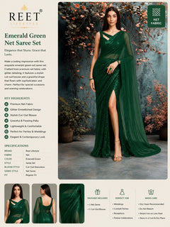 Emerald Green Sequin Net Pre-Draped Saree Set