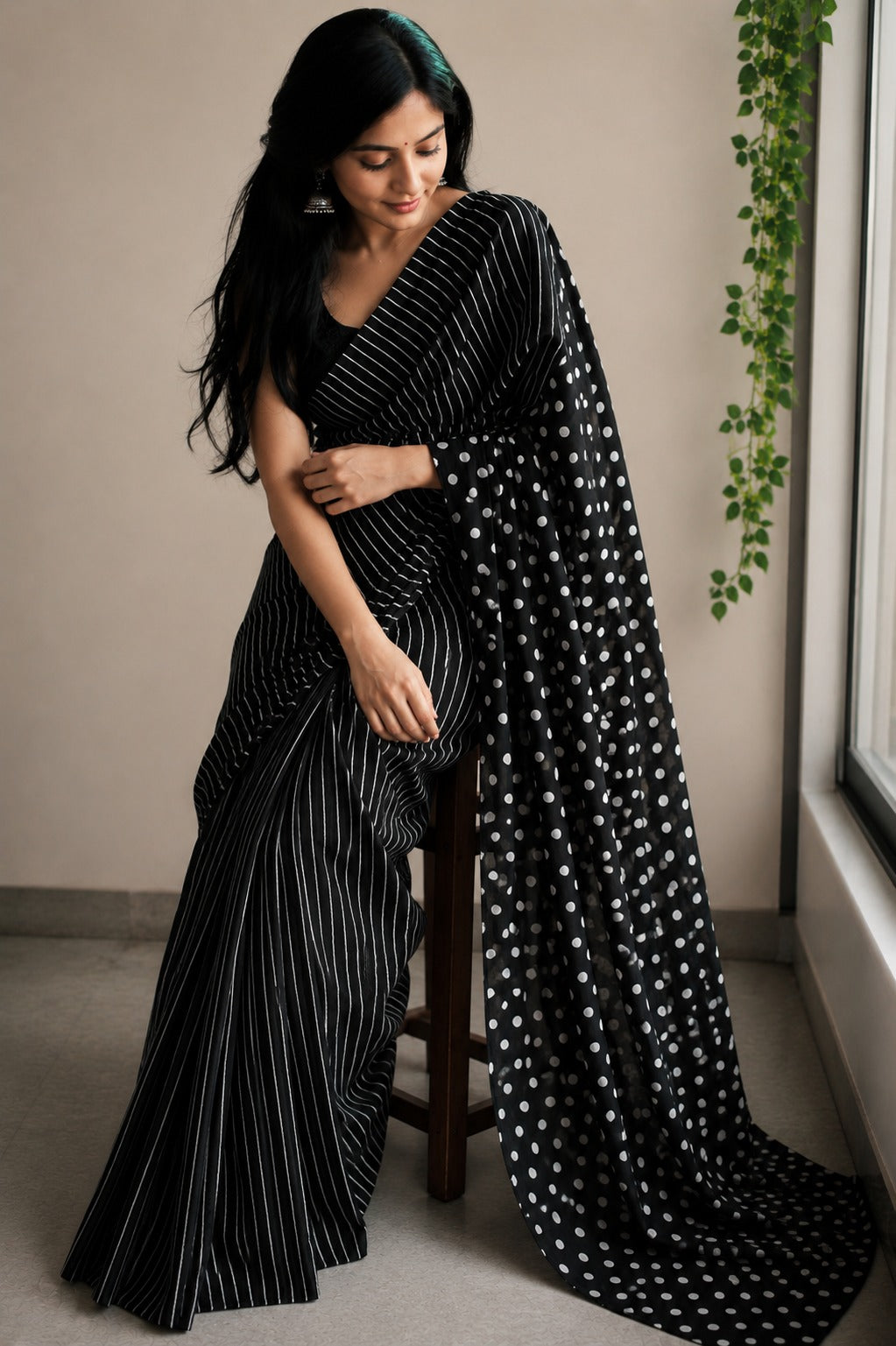 Crimson Dot & Stripe Cotton Saree