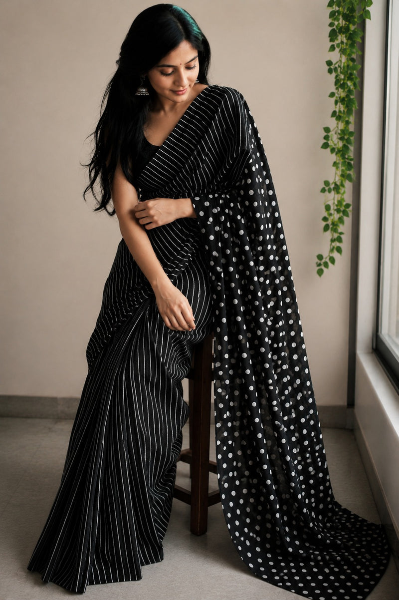Crimson Dot & Stripe Cotton Saree