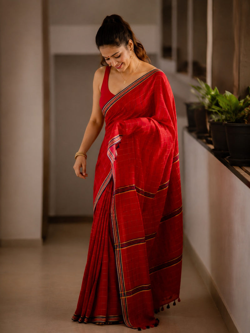 Sindoori Rekha Red Checked Traditional Saree for Women