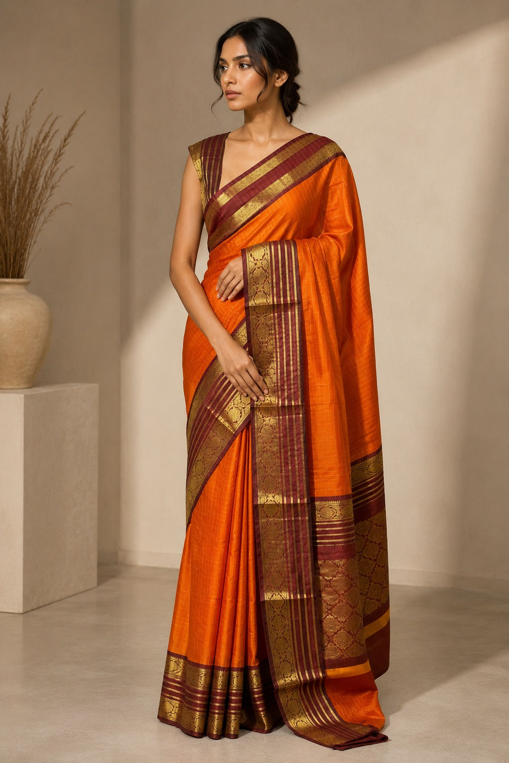 Orange Brown Banarasi Silk Saree