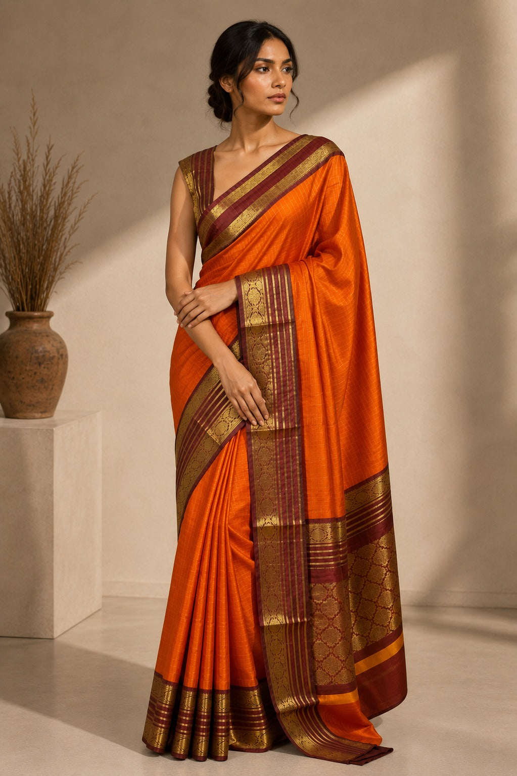 Orange Brown Banarasi Silk Saree