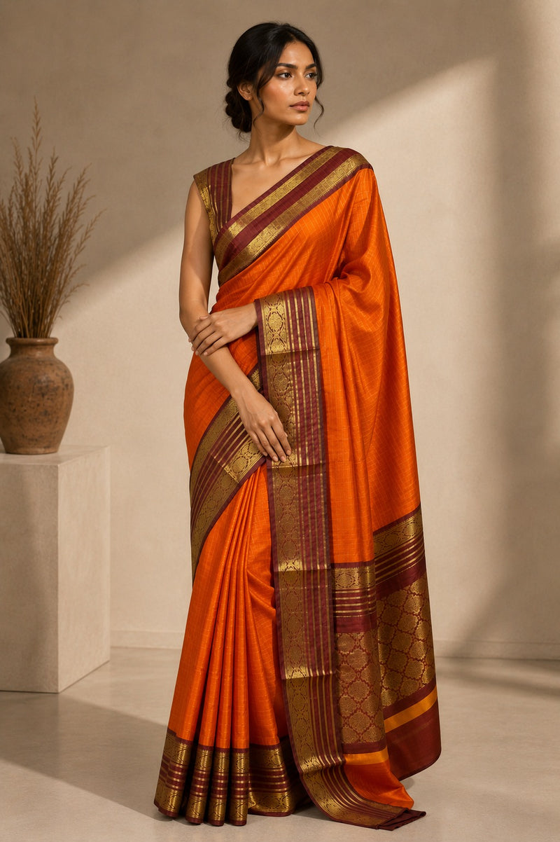 Orange Brown Banarasi Silk Saree