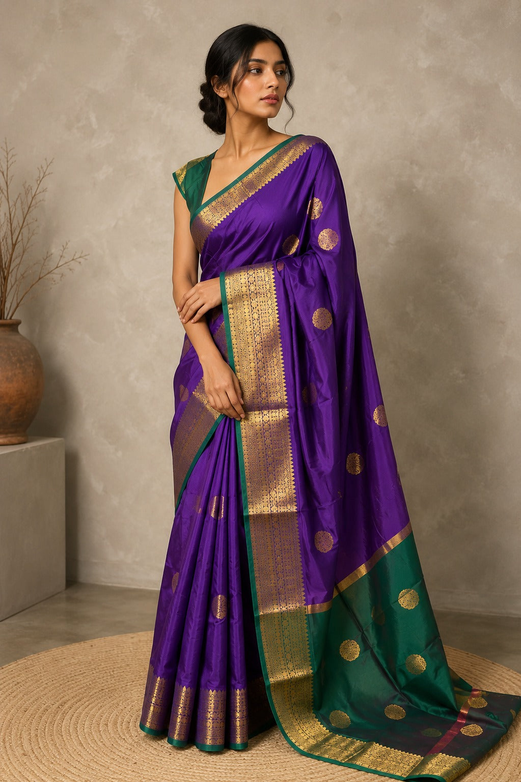 Violet Green Kanchipuram Soft Silk Saree
