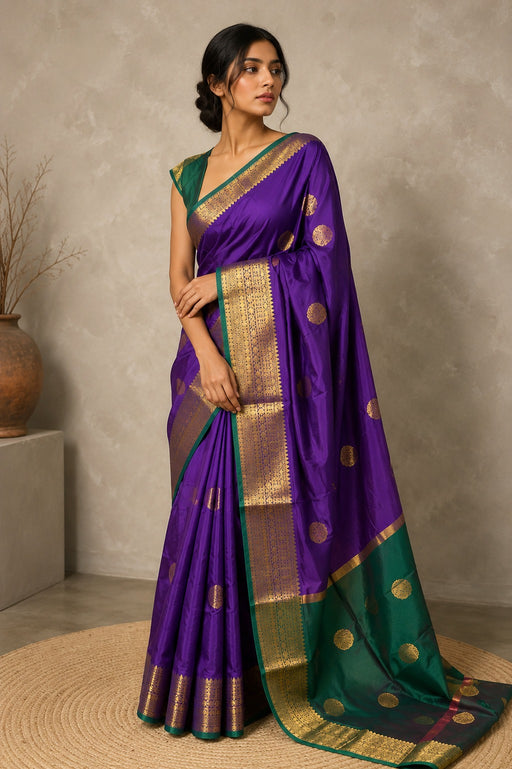 Violet Green Kanchipuram Soft Silk Saree