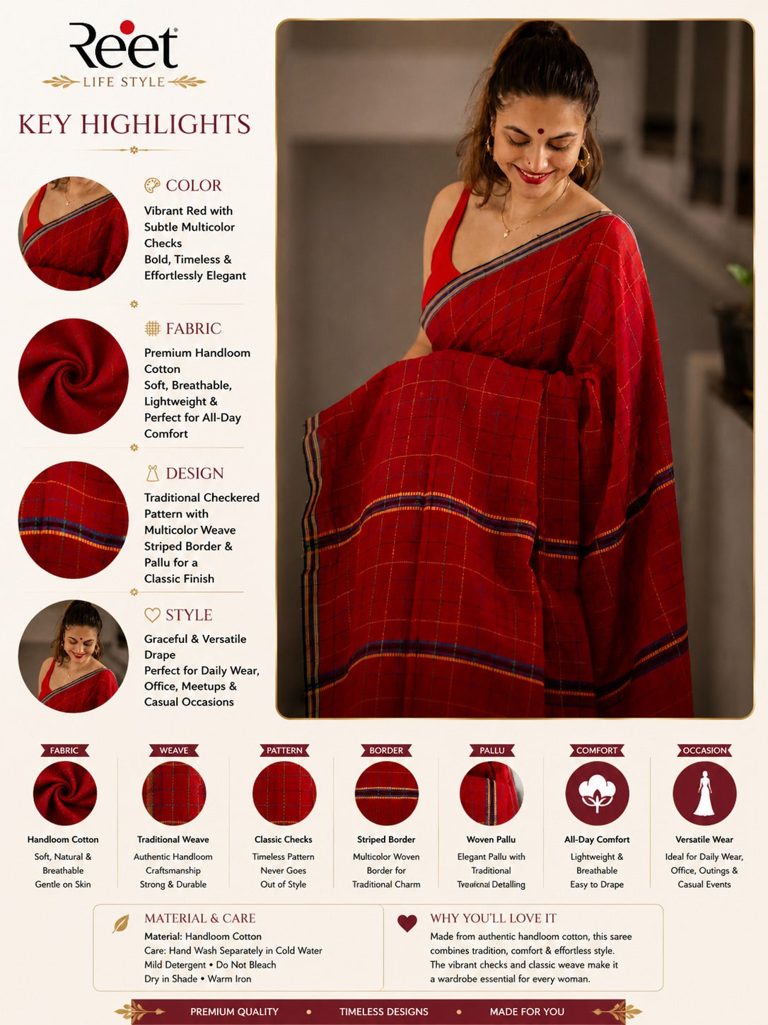 Sindoori Rekha Red Checked Traditional Saree for Women