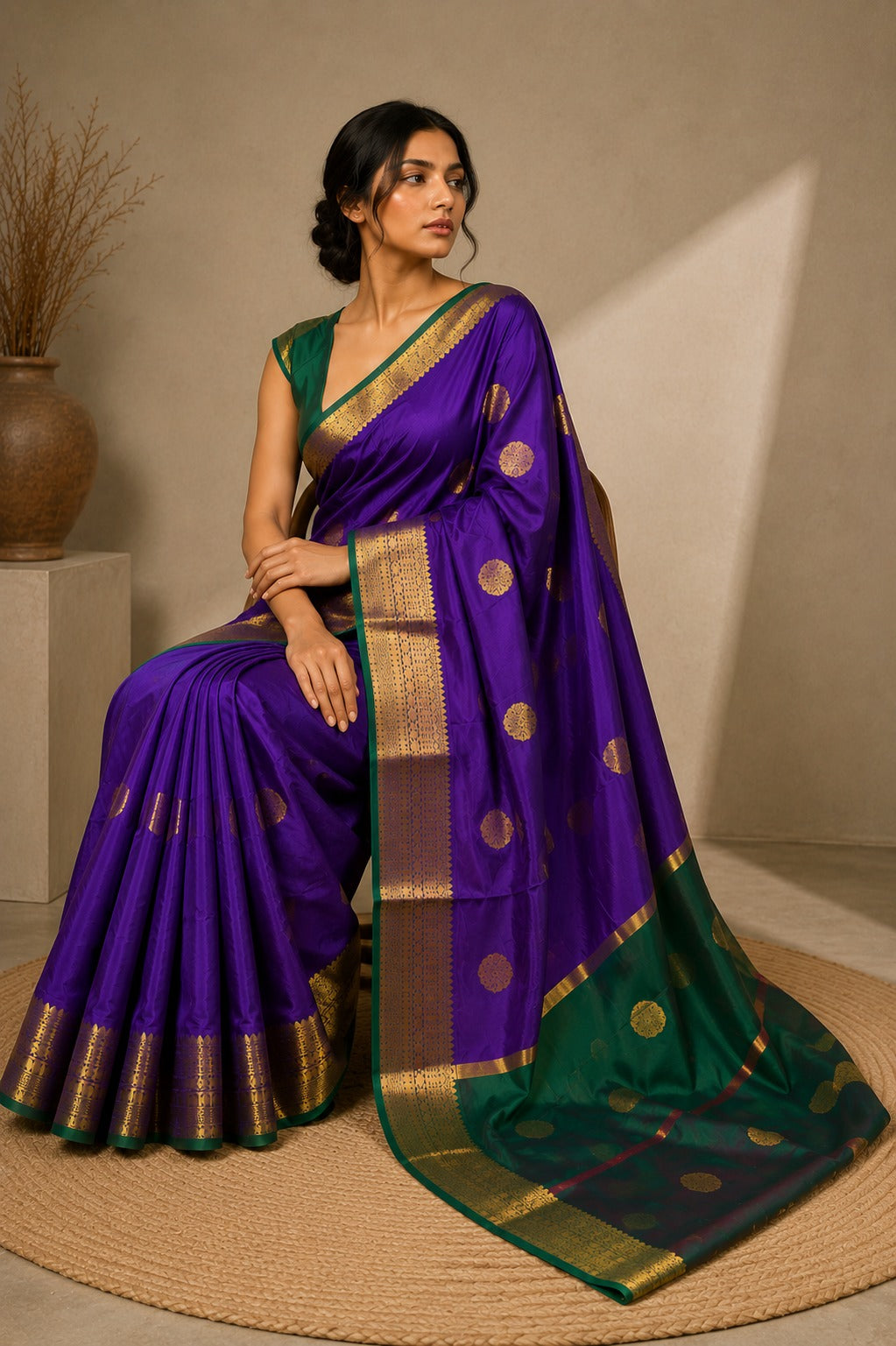 Violet Green Kanchipuram Soft Silk Saree
