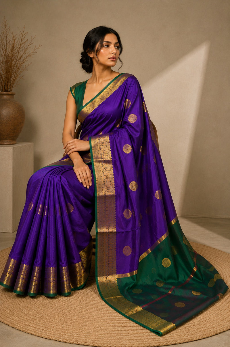 Violet Green Kanchipuram Soft Silk Saree