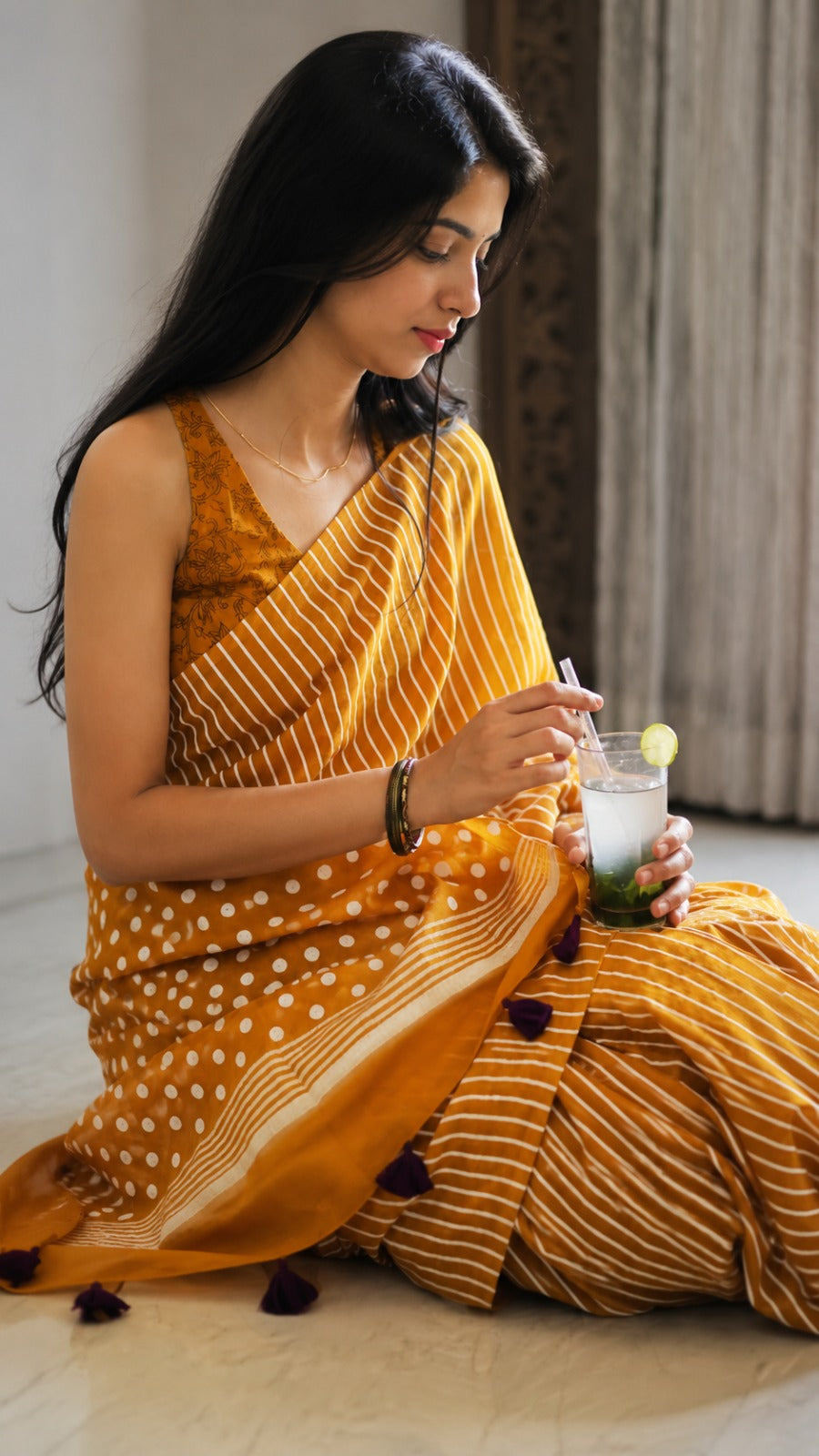 Crimson Dot & Stripe Cotton Saree