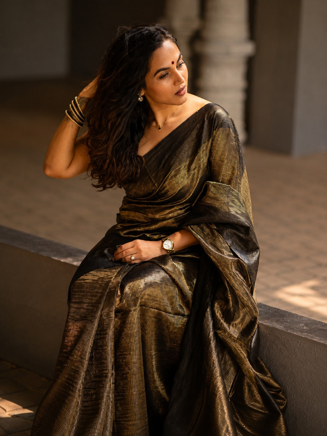 Golden Eclipse Black Metallic Saree for Women