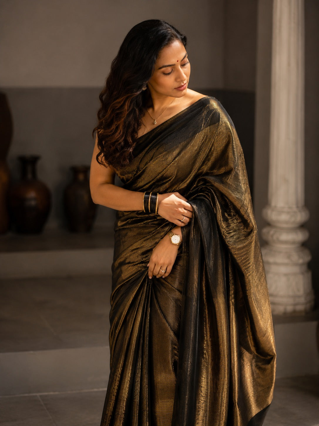 Golden Eclipse Black Metallic Saree for Women