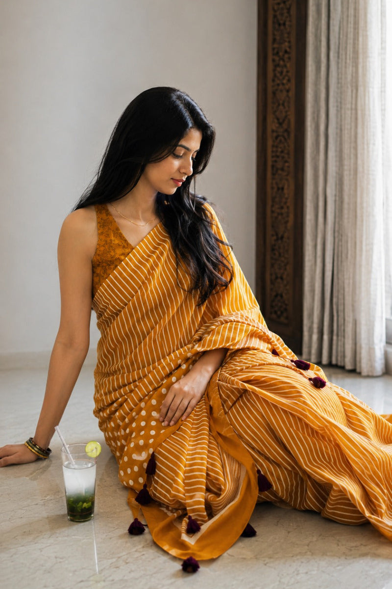 Crimson Dot & Stripe Cotton Saree