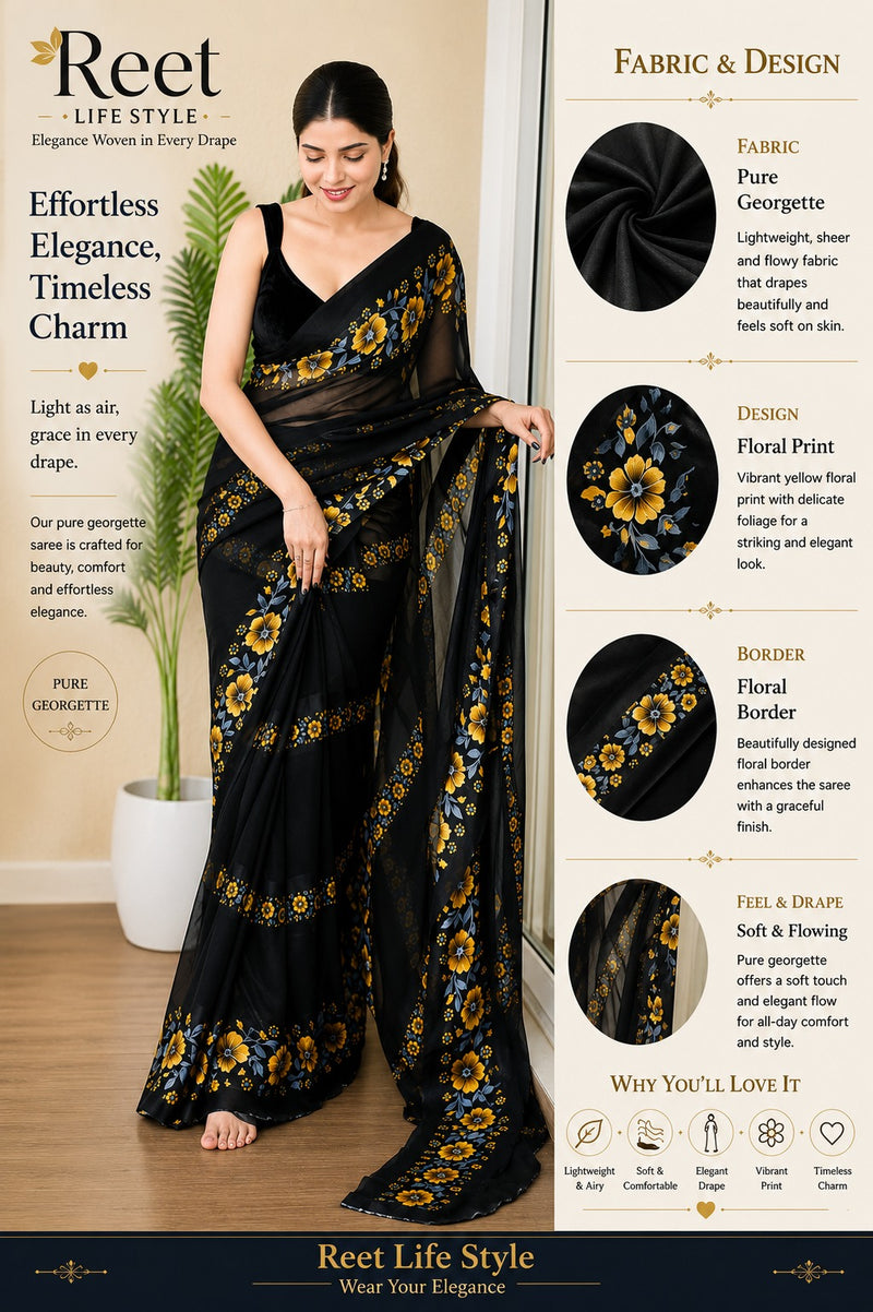Pure Silk Georgette Floral Print Saree