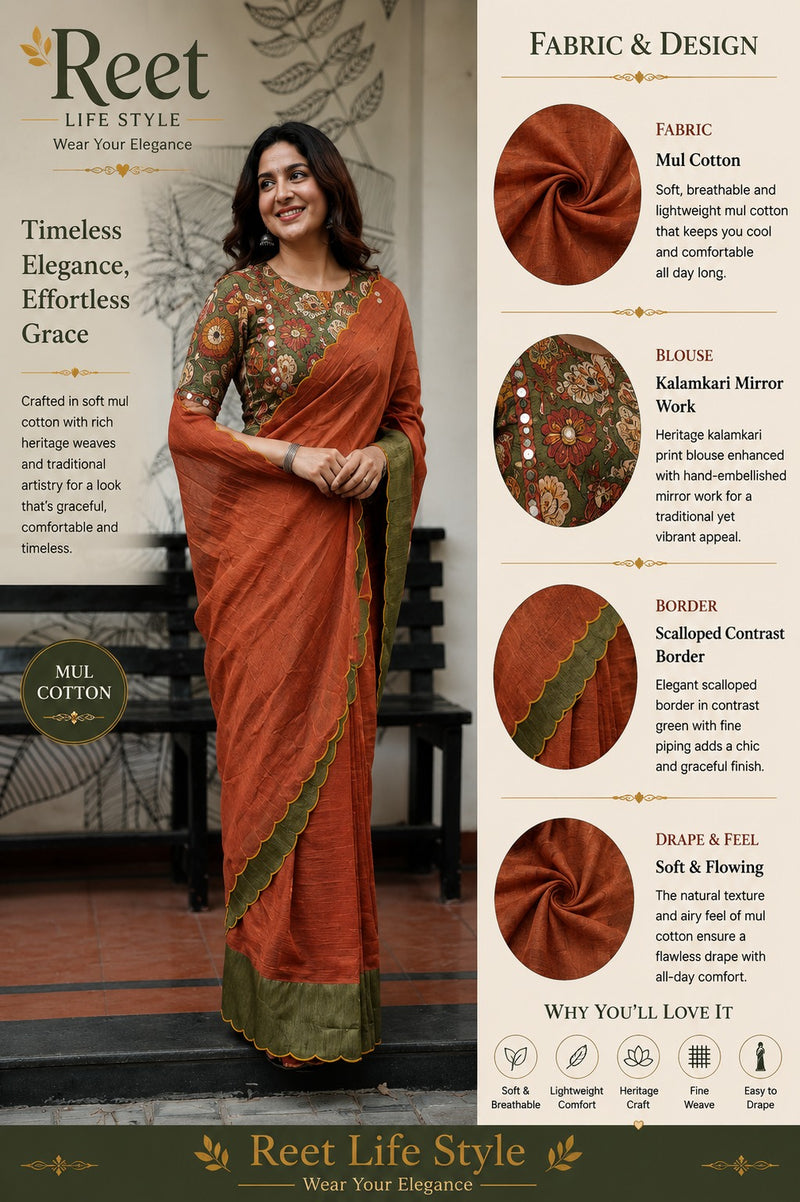 Rust Kalamkari Mirror Mul Cotton Saree with Blouse