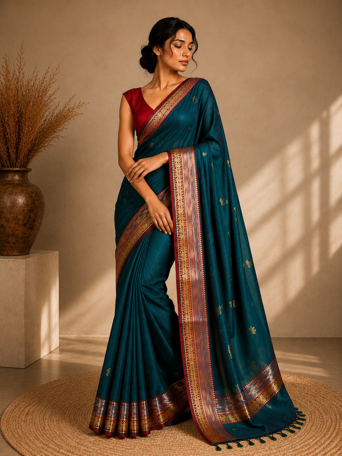 Emerald Heritage Teal Silk Saree with Rich Zari Woven Border