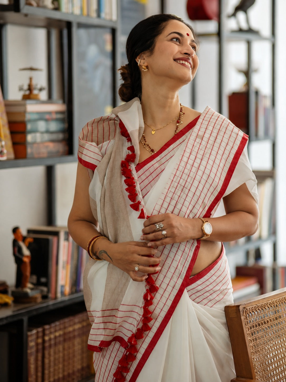 Red & White Checked Saree for Women