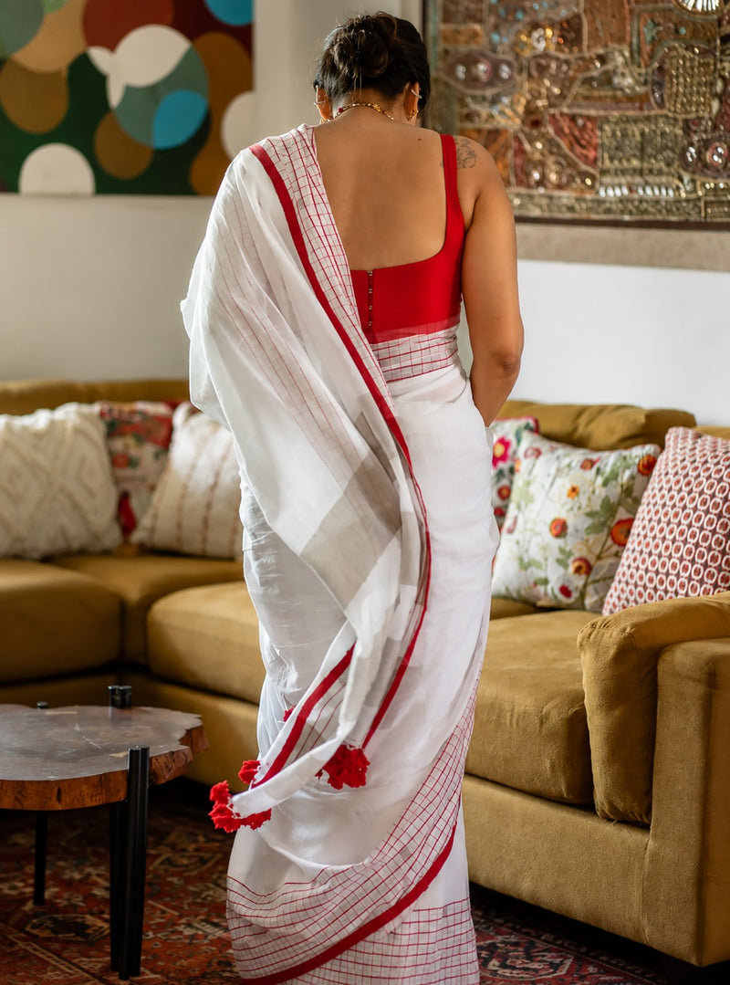 Red & White Checked Saree for Women