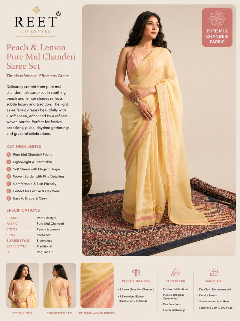 Chameli Pastel Yellow Pure Mul Chanderi Saree