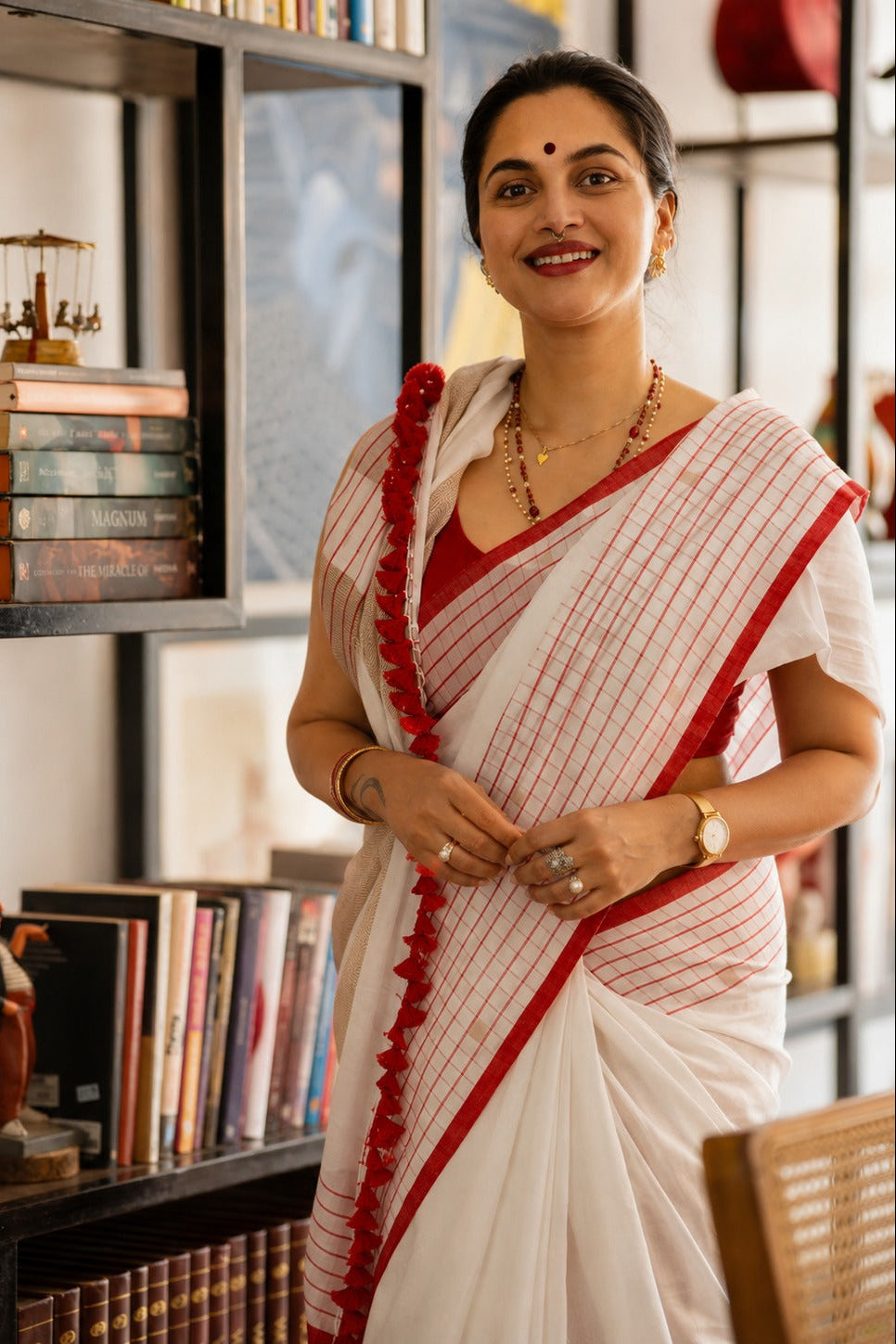 Red & White Checked Saree for Women