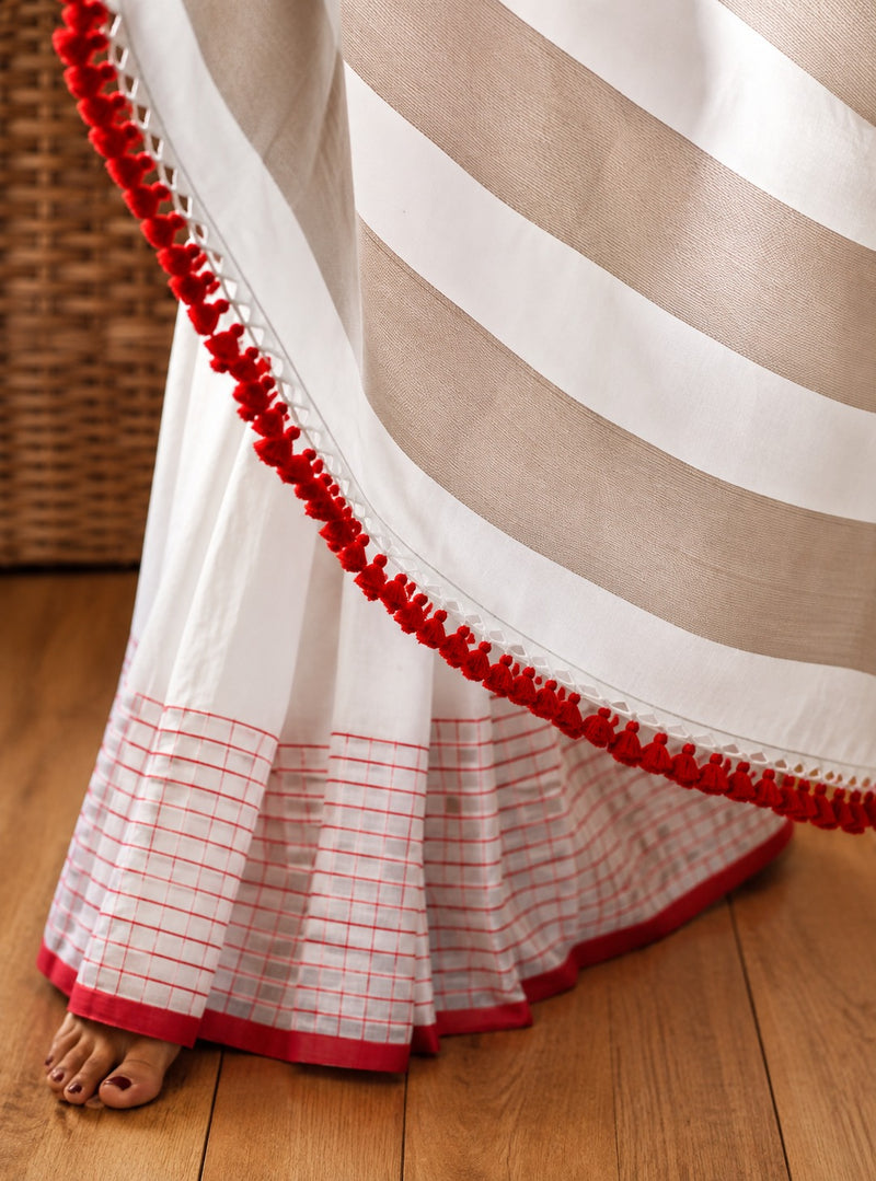 Red & White Checked Saree for Women