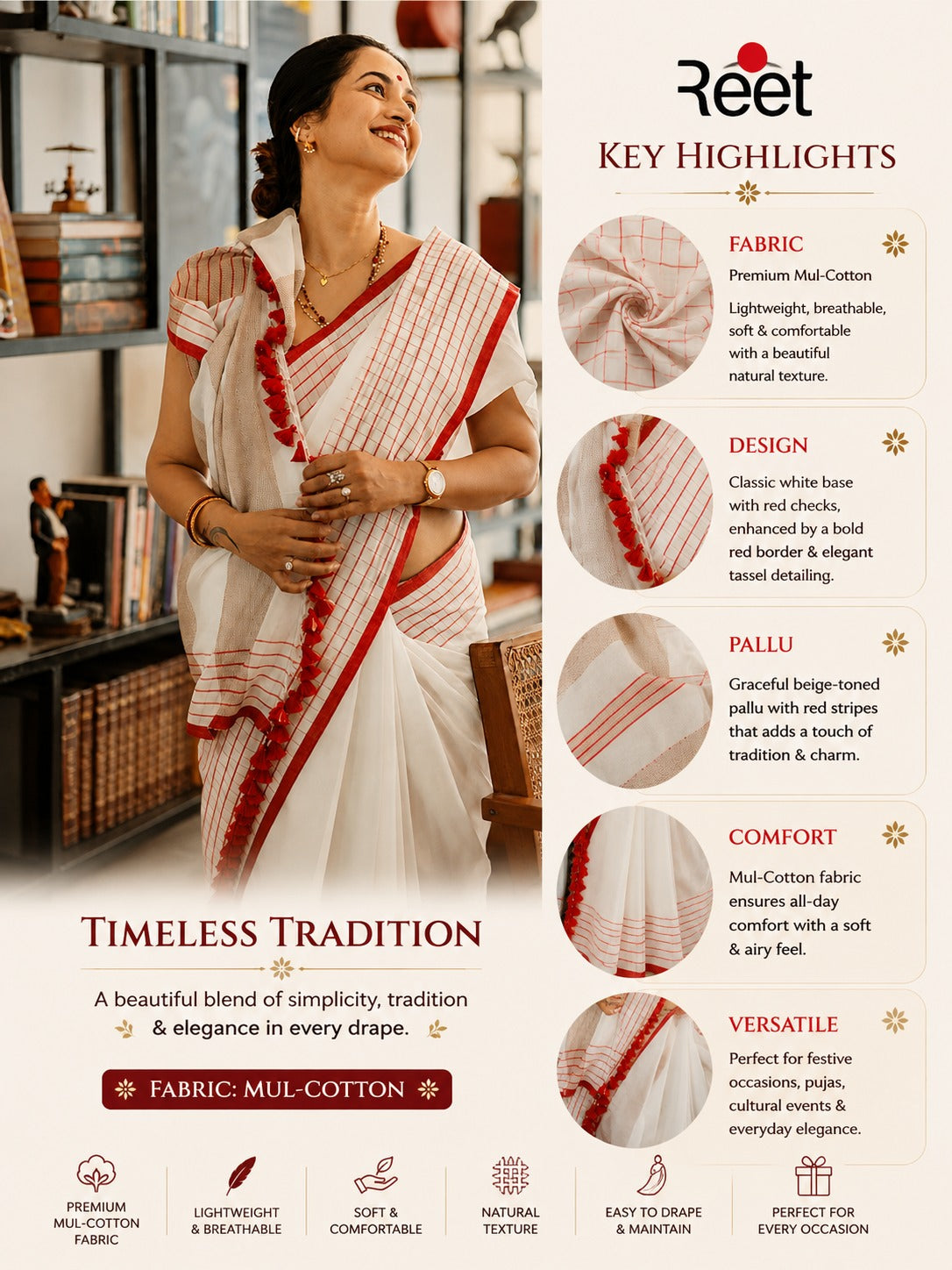 Red & White Checked Saree for Women