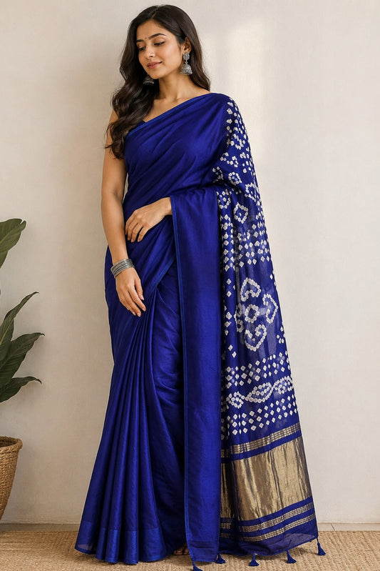 Royal Blue Golden Pallu  Bandhani Silk Saree
