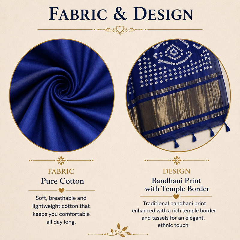 Royal Blue Golden Pallu  Bandhani Silk Saree With Blouse