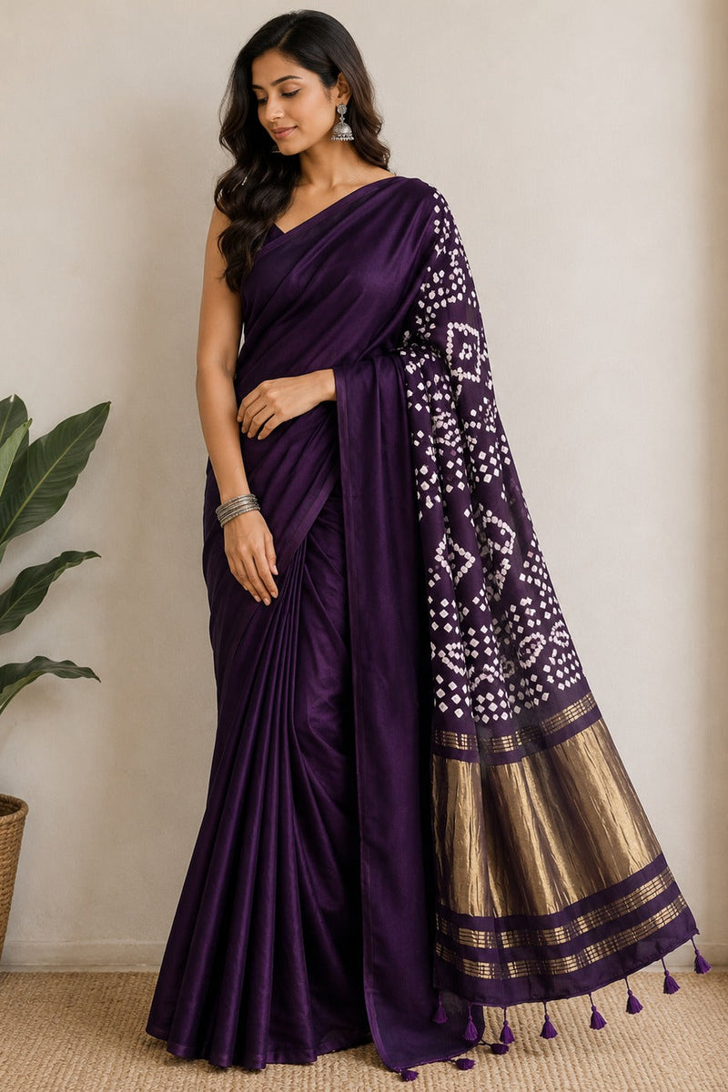 Royal Blue Golden Pallu  Bandhani Silk Saree With Blouse