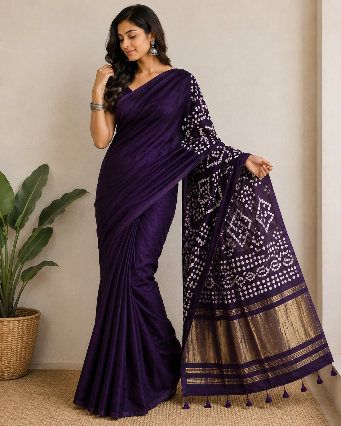 Royal Blue Golden Pallu  Bandhani Silk Saree With Blouse