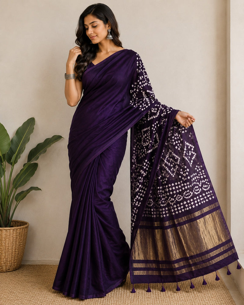 Royal Blue Golden Pallu  Bandhani Silk Saree With Blouse