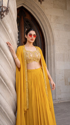 Champagne Beige Embroidered Organza Lehenga Set with Cape Dupatta