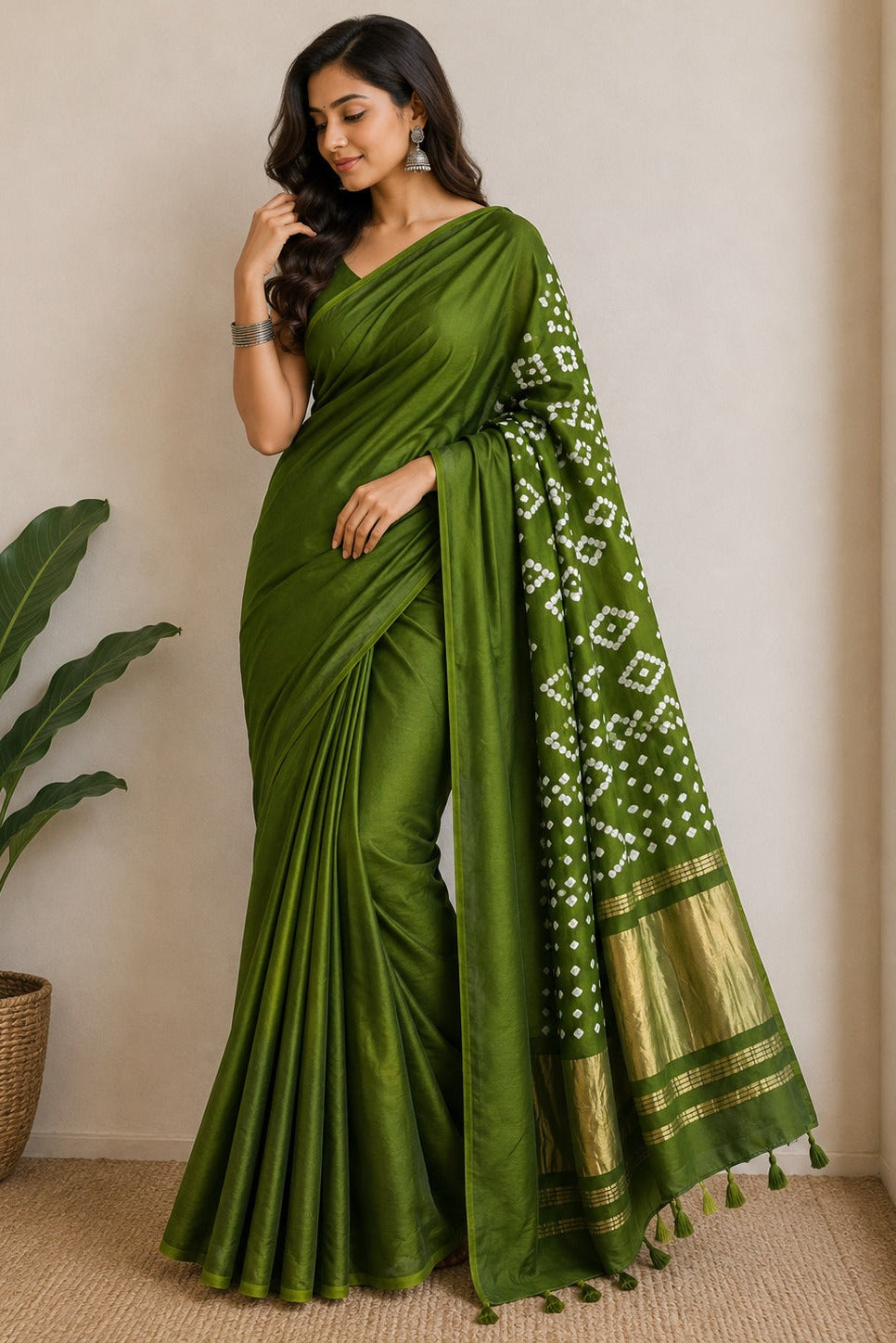 Royal Blue Golden Pallu  Bandhani Silk Saree With Blouse