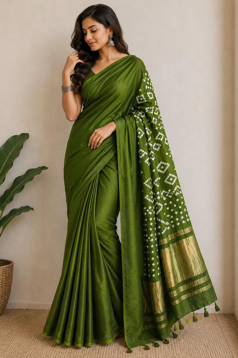 Royal Blue Golden Pallu  Bandhani Silk Saree With Blouse
