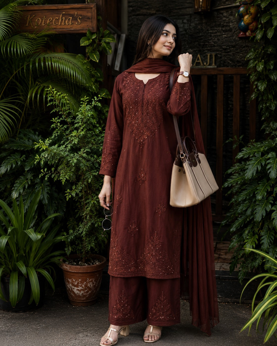 Noor Mocha Chikankari Kurta Set