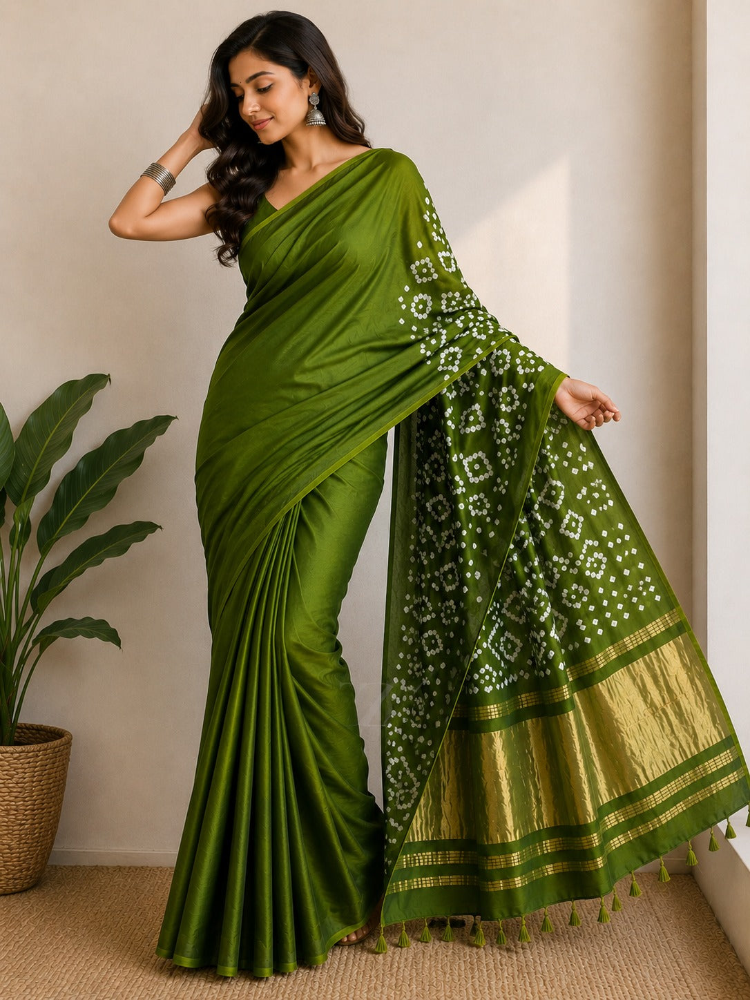Royal Blue Golden Pallu  Bandhani Silk Saree With Blouse