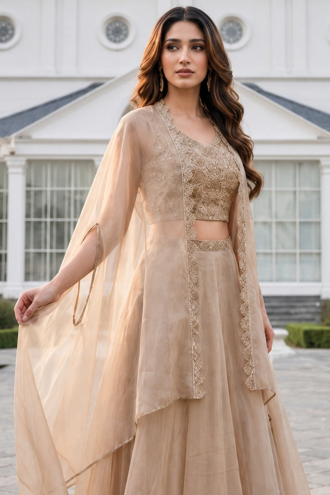 Champagne Beige Embroidered Organza Lehenga Set with Cape Dupatta