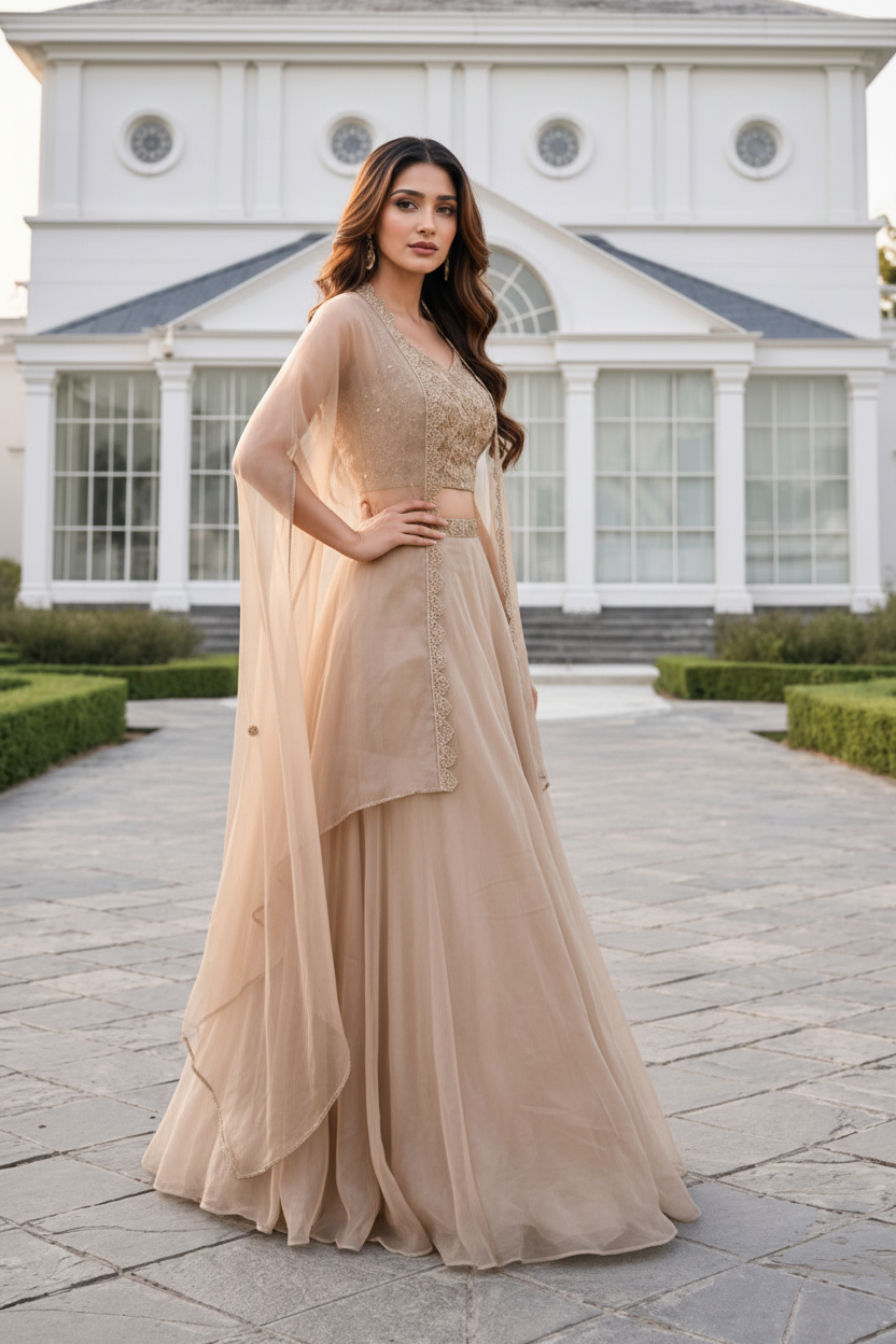 Champagne Beige Embroidered Organza Lehenga Set with Cape Dupatta