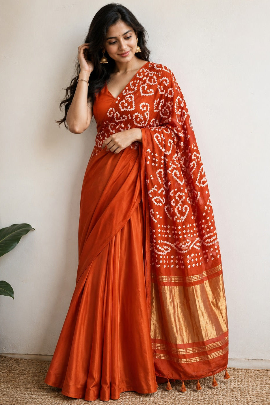 Royal Blue Golden Pallu  Bandhani Silk Saree With Blouse