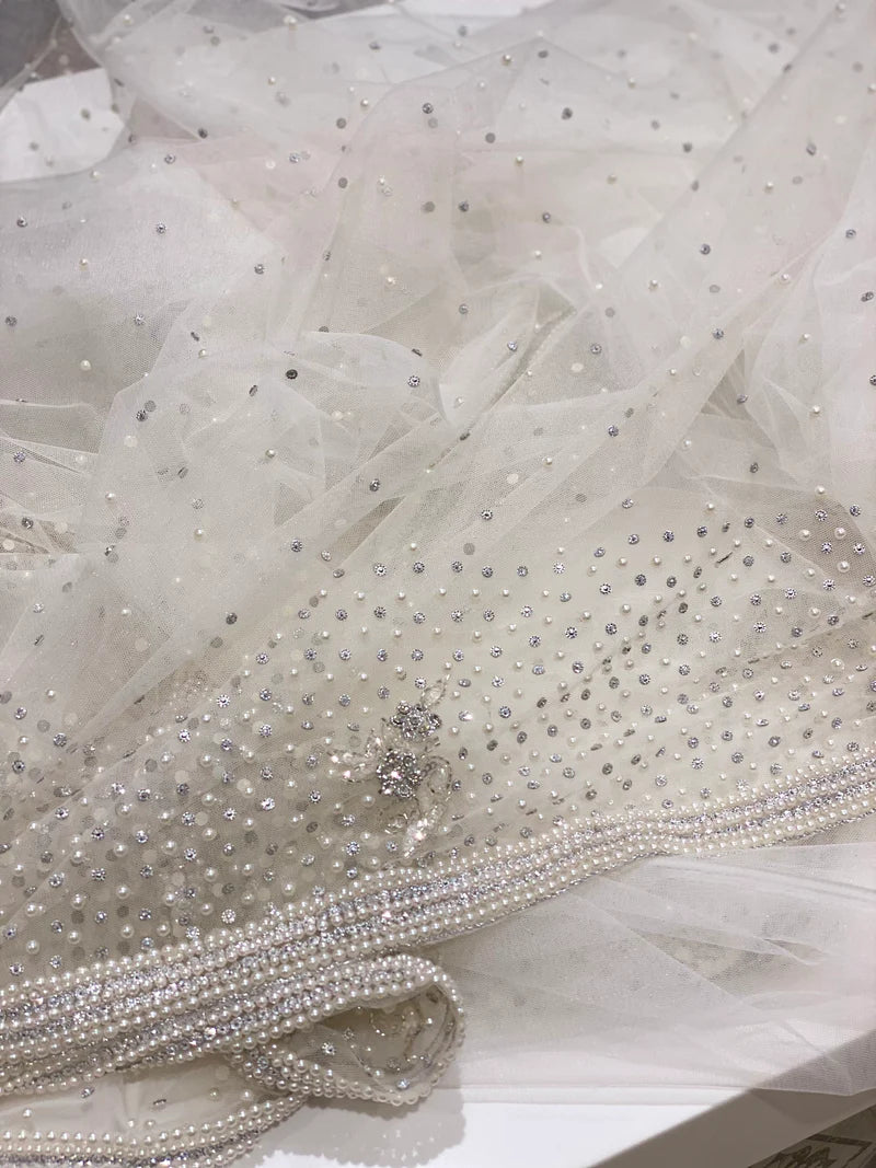Moti White Hand Embroidery Net Saree