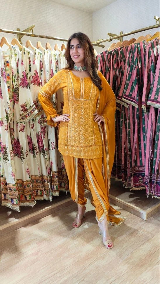 Georgette Mustard Chikan 3-Piece Set