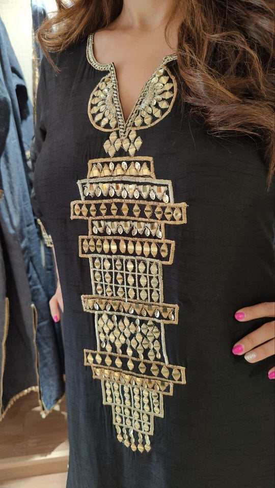 Party Black Viscose Raw Silk Kaftan Dress