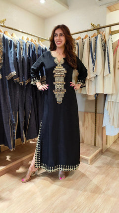 Party Black Viscose Raw Silk Kaftan Dress