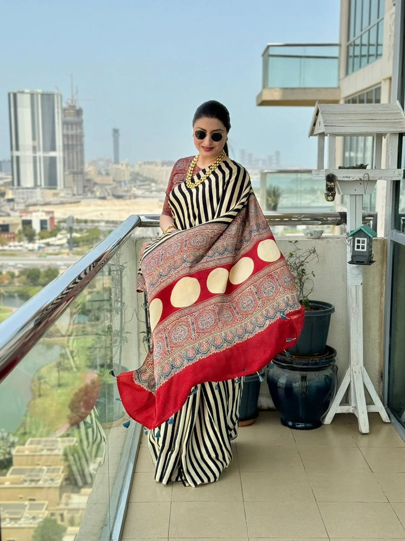 Rangrez Ajrakh Stripes Saree