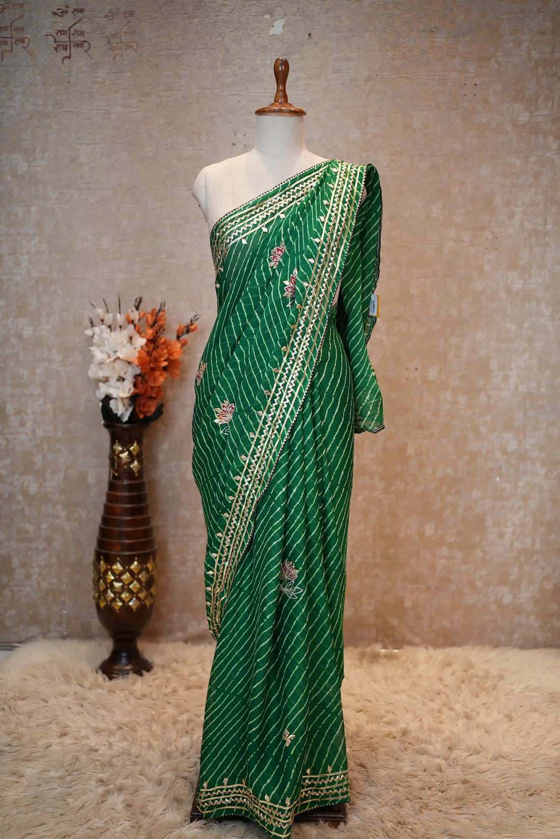 Rani Pink Leheriya Saree with Handcrafted Kacchi Gota Patti Work