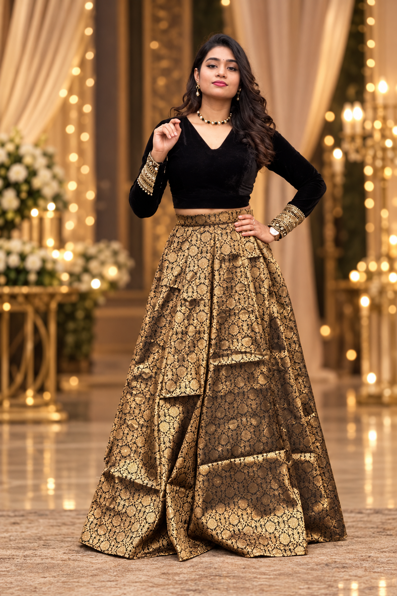 Royal Gita Banarasi Lehenga Set with Velvet Embroidered Blouse