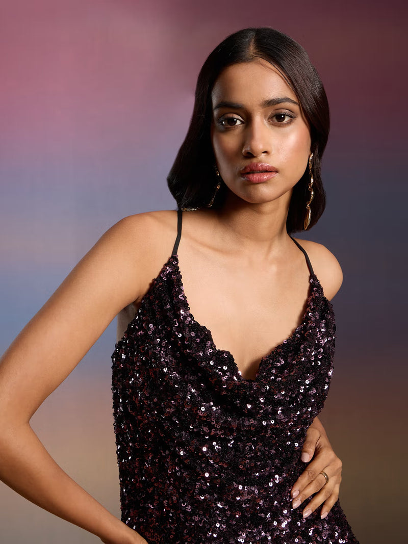 Sequin Black Purple Cowl Neck Mini Dress