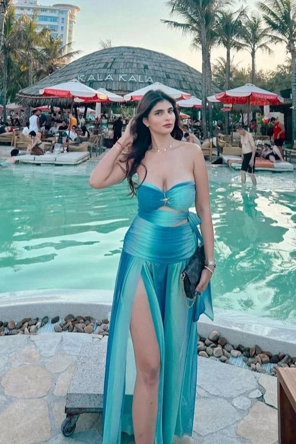 Aqua Aura Blue Flowing Evening Gown for Women