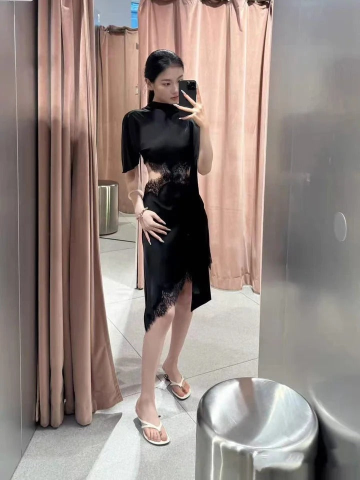 Midnight Allure Black Lace Asymmetric Cocktail Dress for Women